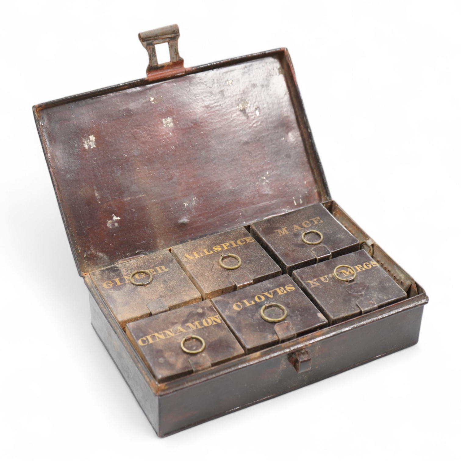A Victorian compartmentalised spice tin to include Ginger, Allspice and Mace, with original grater, 20cm wide